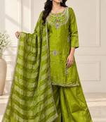 Embroidered silk kurta with pant & dupatta set for women
