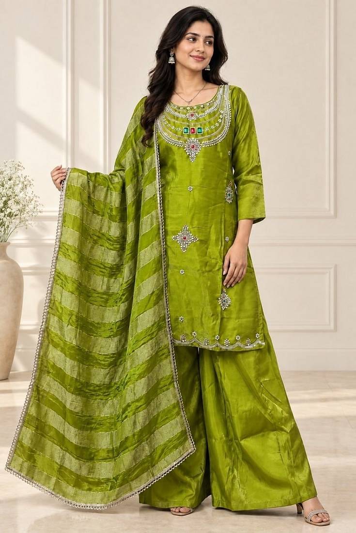 Embroidered silk kurta with pant & dupatta set for women