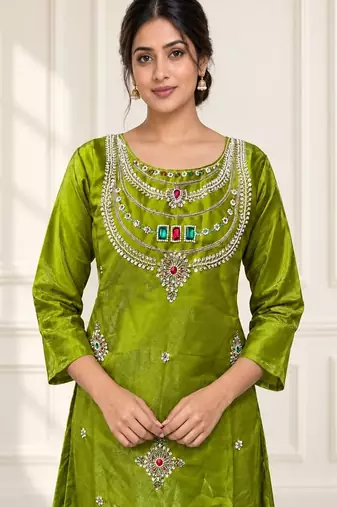 Embroidered silk kurta with pant & dupatta set for women