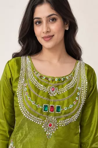 Embroidered silk kurta with pant & dupatta set for women