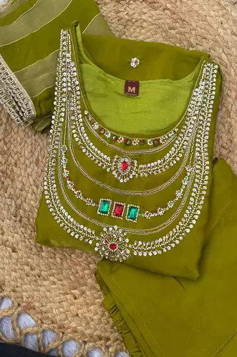 Embroidered silk kurta with pant & dupatta set for women