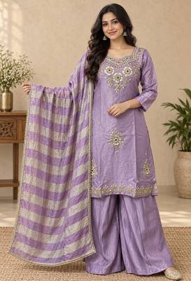 Embroidered silk kurta with pant & dupatta set for women 1