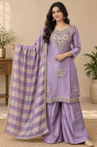 Embroidered silk kurta with pant & dupatta set for women