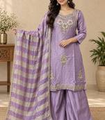 Embroidered silk kurta with pant & dupatta set for women