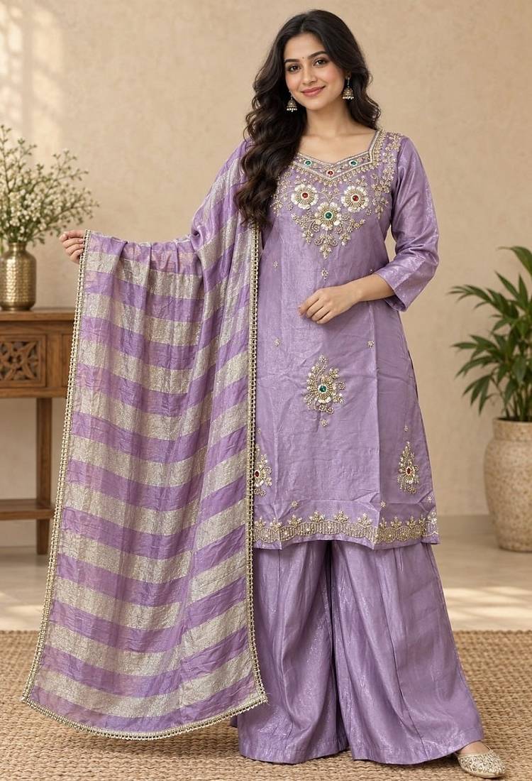 Embroidered silk kurta with pant & dupatta set for women