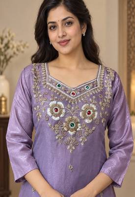 Embroidered silk kurta with pant & dupatta set for women 2