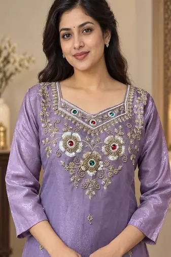 Embroidered silk kurta with pant & dupatta set for women
