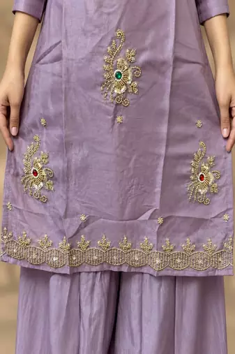 Embroidered silk kurta with pant & dupatta set for women