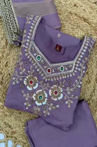 Embroidered silk kurta with pant & dupatta set for women