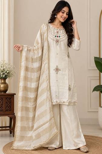 Embroidered silk kurta with pant & dupatta set for women