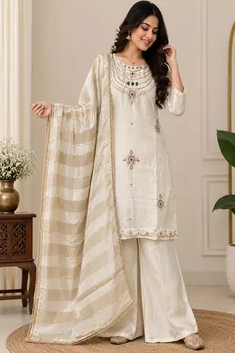 Embroidered silk kurta with pant & dupatta set for women