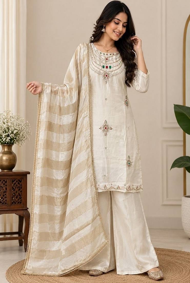Embroidered silk kurta with pant & dupatta set for women