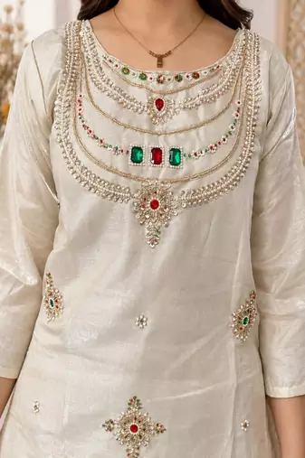 Embroidered silk kurta with pant & dupatta set for women