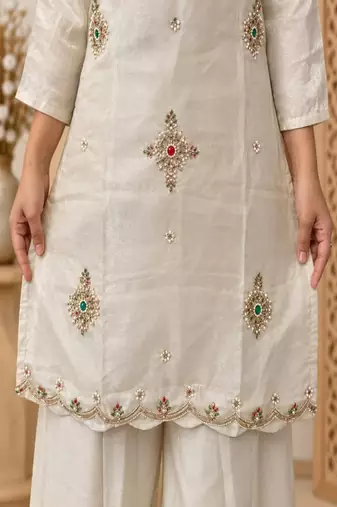 Embroidered silk kurta with pant & dupatta set for women