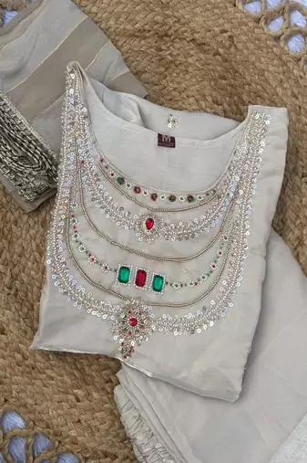 Embroidered silk kurta with pant & dupatta set for women