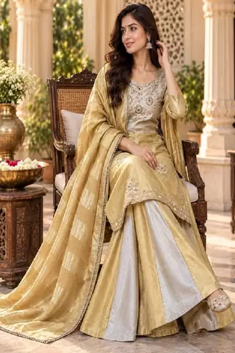 Embroidered viscose anarkali kurta with pant & dupatta set for women