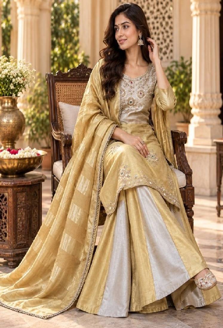 Embroidered viscose anarkali kurta with pant & dupatta set for women