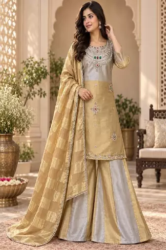 Embroidered viscose anarkali kurta with pant & dupatta set for women