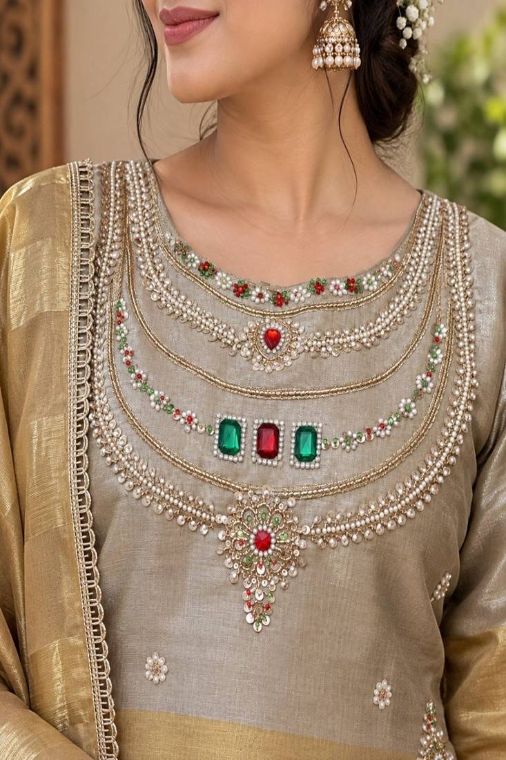 Embroidered viscose anarkali kurta with pant & dupatta set for women