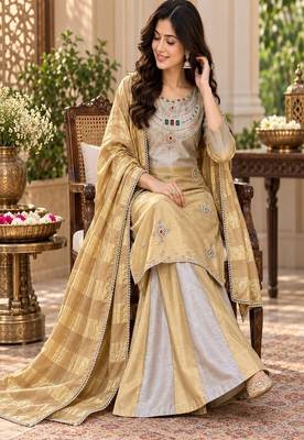 Embroidered viscose anarkali kurta with pant & dupatta set for women 3