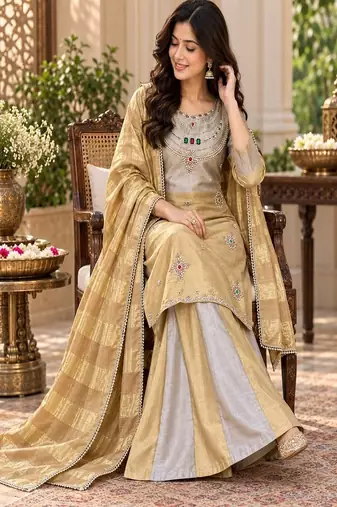 Embroidered viscose anarkali kurta with pant & dupatta set for women