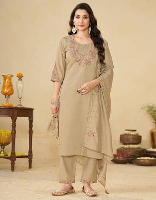 Embroidered cotton kurta with pant & dupatta set for women 1
