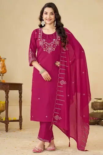 Embroidered cotton kurta with pant & dupatta set for women