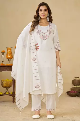Embroidered cotton kurta with pant & dupatta set for women