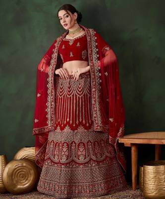red velvet embroidered traditional lehenga-choli 1