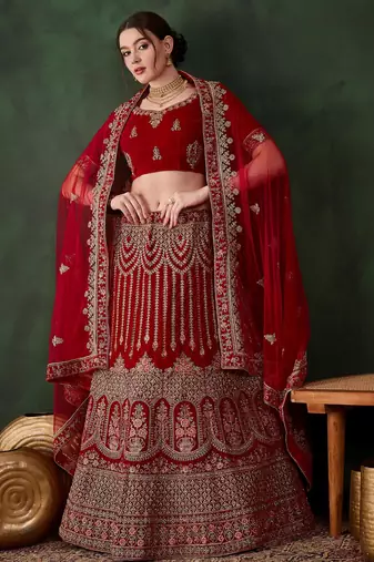 red velvet embroidered traditional lehenga-choli