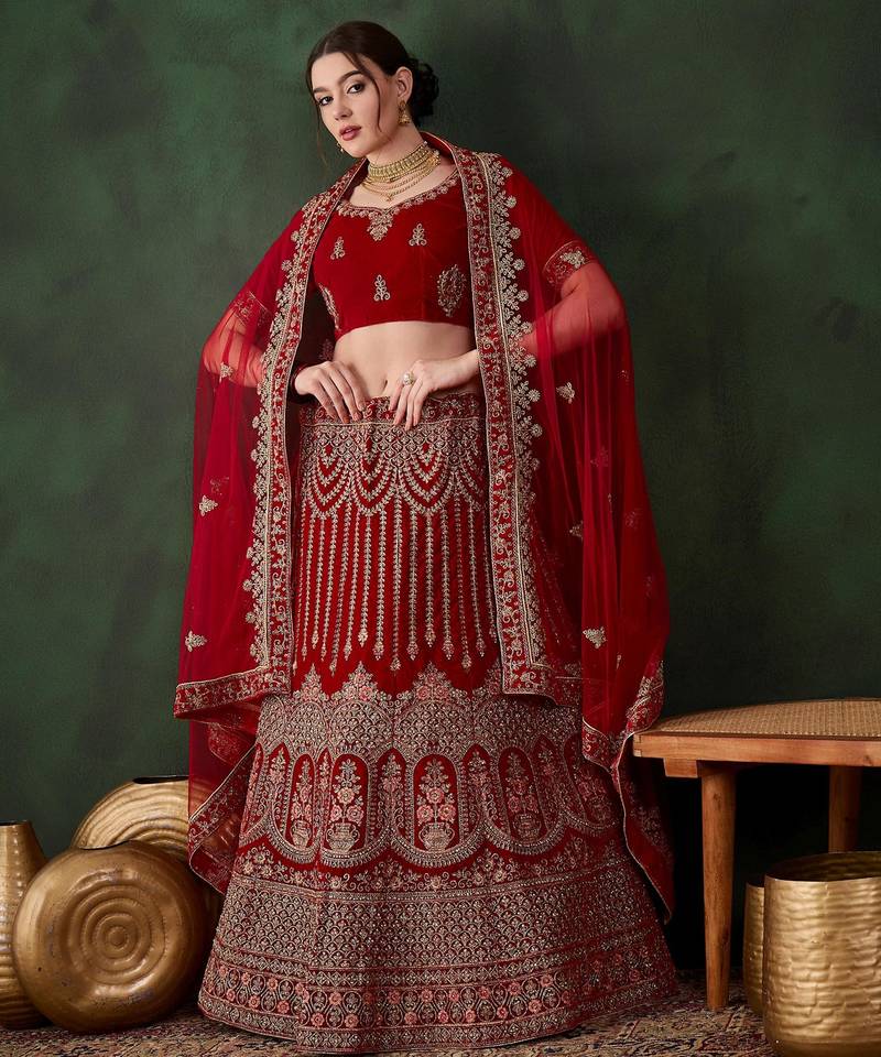 red velvet embroidered traditional lehenga-choli