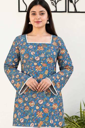 Premium Cotton Blue Floral Printed Kurti for Women with Square Neck and Lace Bell Sleeves