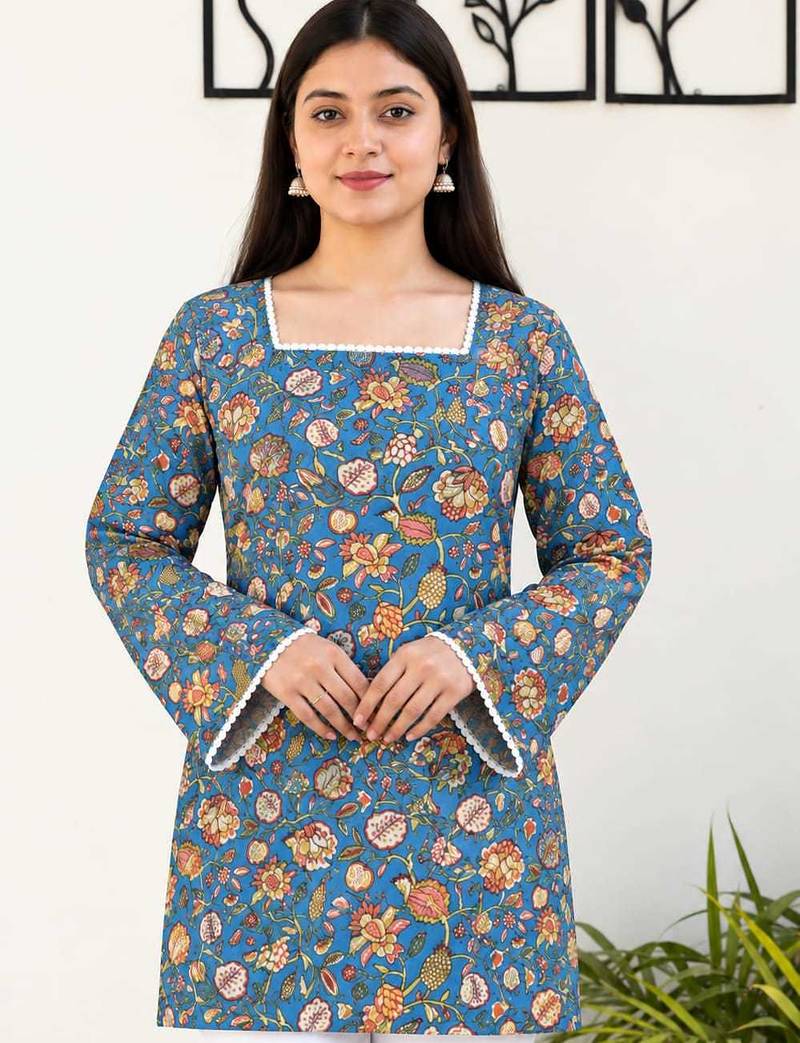 Premium Cotton Blue Floral Printed Kurti for Women with Square Neck and Lace Bell Sleeves