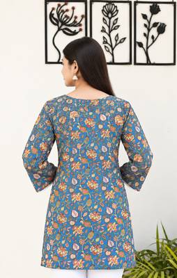 Premium Cotton Blue Floral Printed Kurti for Women with Square Neck and Lace Bell Sleeves 2