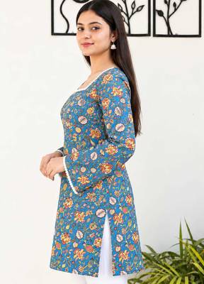Premium Cotton Blue Floral Printed Kurti for Women with Square Neck and Lace Bell Sleeves 3