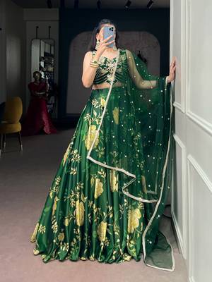 Festive Green Floral Print Satin Silk Lehenga Choli Set - Full Stitched Free size 1