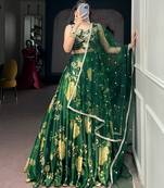 Festive Green Floral Print Satin Silk Lehenga Choli Set - Full Stitched Free size