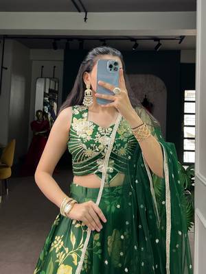 Festive Green Floral Print Satin Silk Lehenga Choli Set - Full Stitched Free size 2