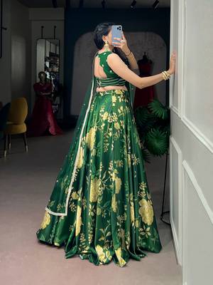 Festive Green Floral Print Satin Silk Lehenga Choli Set - Full Stitched Free size 3