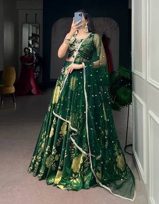 Festive Green Floral Print Satin Silk Lehenga Choli Set - Full Stitched Free size 4