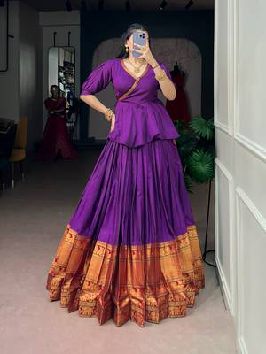 Traditional Narayanpet Cotton Stitch Peplum Top with Lehenga Set - Full Stitched Free size 1