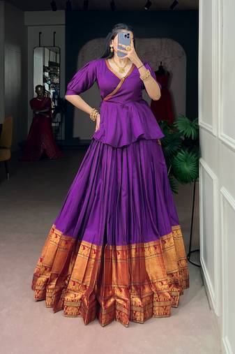 Traditional Narayanpet Cotton Stitch Peplum Top with Lehenga Set - Full Stitched Free size