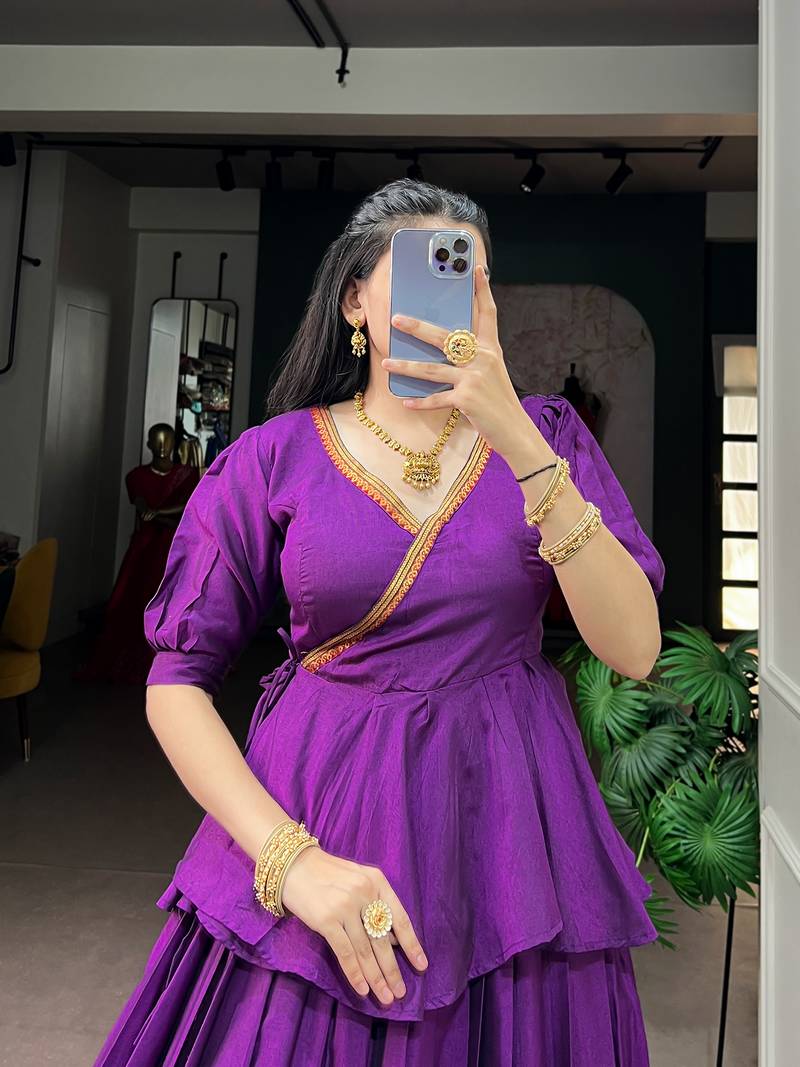 Traditional Narayanpet Cotton Stitch Peplum Top with Lehenga Set - Full Stitched Free size