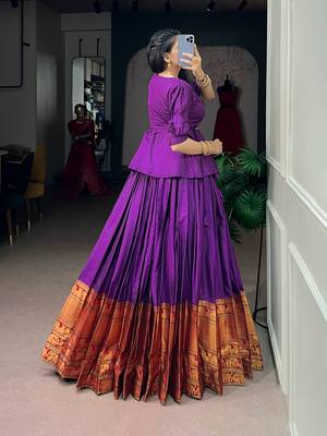 Traditional Narayanpet Cotton Stitch Peplum Top with Lehenga Set - Full Stitched Free size 3