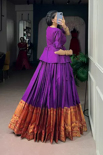 Traditional Narayanpet Cotton Stitch Peplum Top with Lehenga Set - Full Stitched Free size