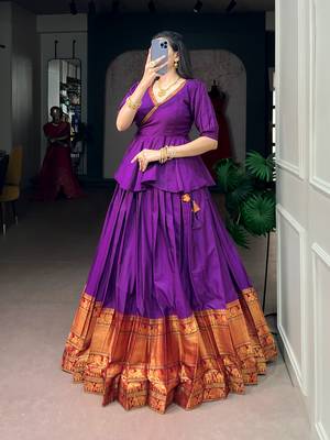 Traditional Narayanpet Cotton Stitch Peplum Top with Lehenga Set - Full Stitched Free size 4