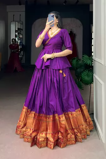 Traditional Narayanpet Cotton Stitch Peplum Top with Lehenga Set - Full Stitched Free size