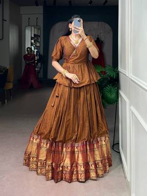Traditional Narayanpet Cotton Stitch Peplum Top with Lehenga Set - Full Stitched Free size 1