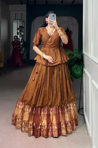 Traditional Narayanpet Cotton Stitch Peplum Top with Lehenga Set - Full Stitched Free size