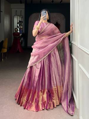 Festive Wear Pink Zari Tissue Plain Lehenga Choli Set - Full Stitched Free size 1
